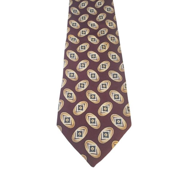 Brooks Brothers Makers Mens Tie Necktie Designer Luxury Burgundy Tan Geometric - Picture 1 of 10